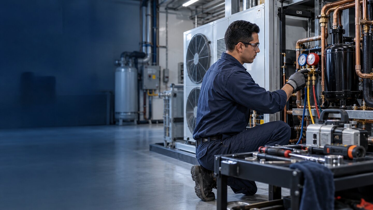 Técnico especialista trabajando en un sistema profesional de refrigeración